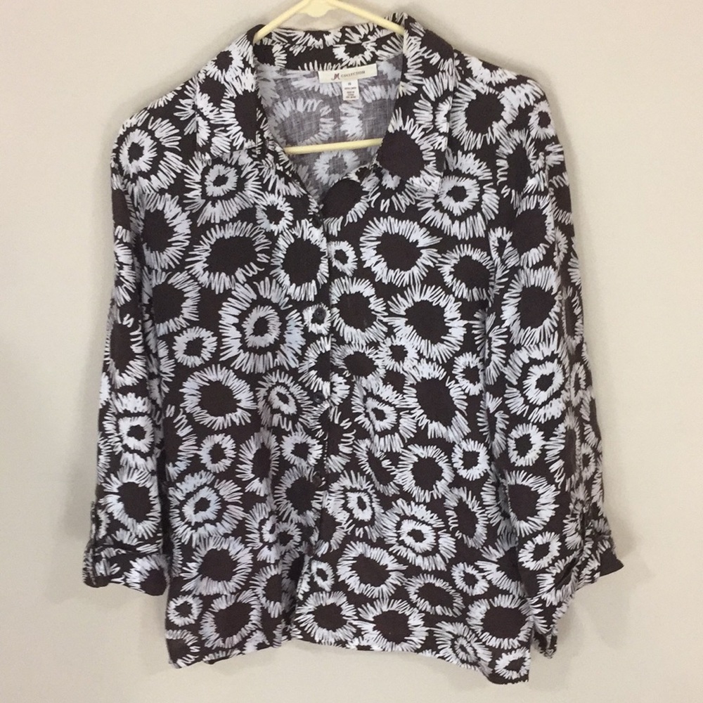 J M Collection Brown and White Linen Button Down Shirt Size 14